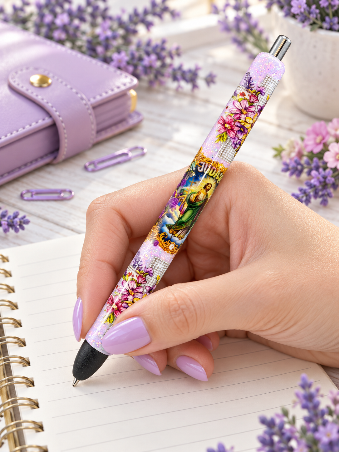 Handmade San Judas Tadeo glitter pen with free refill