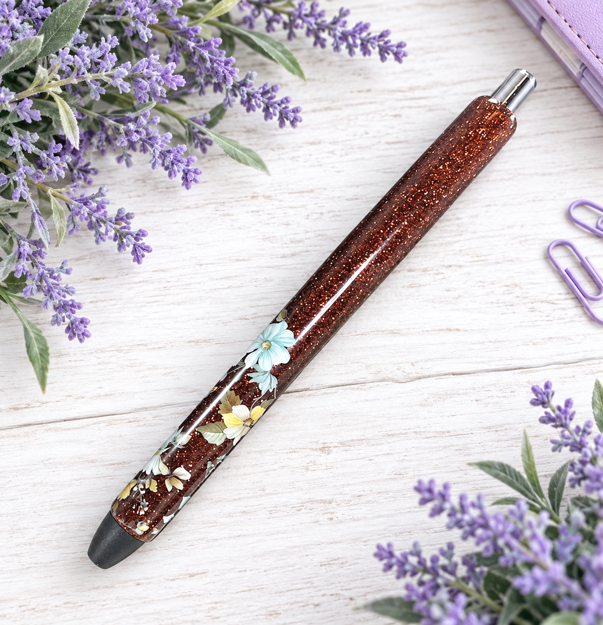 Handmade Flowers on brown glitter pen with free refill