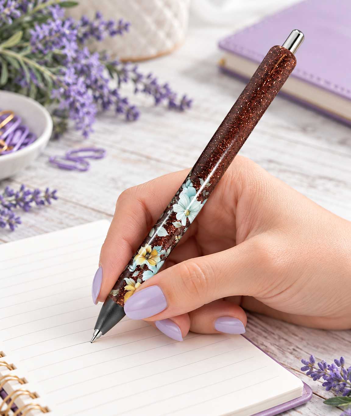 Handmade Flowers on brown glitter pen with free refill