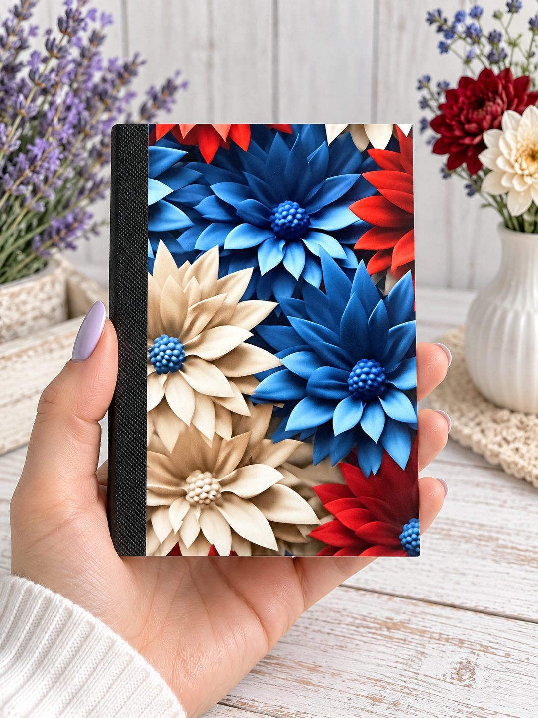 Decorative Vinyl Covered MINIATURE Composition Notebook Patriotic Flowers