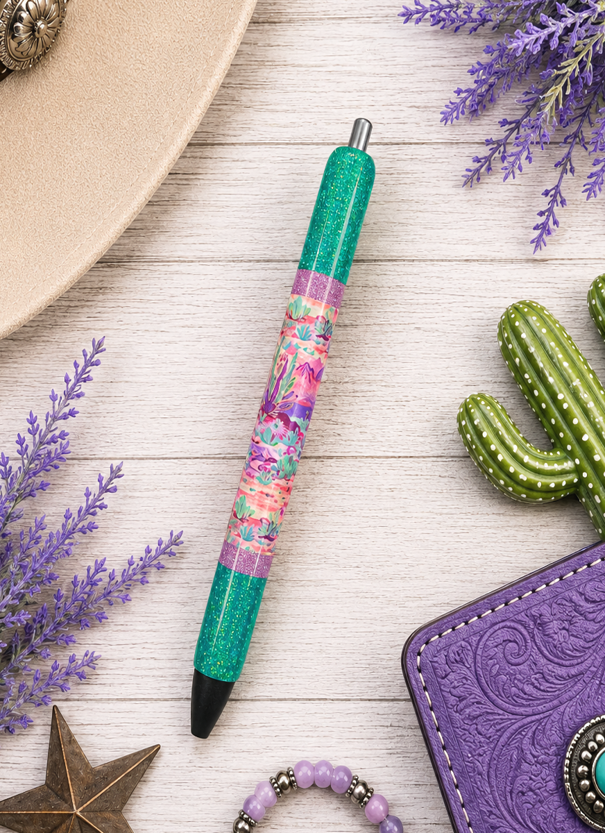 Handmade Vibrant Desert Scene on aqua glitter pen with free refill