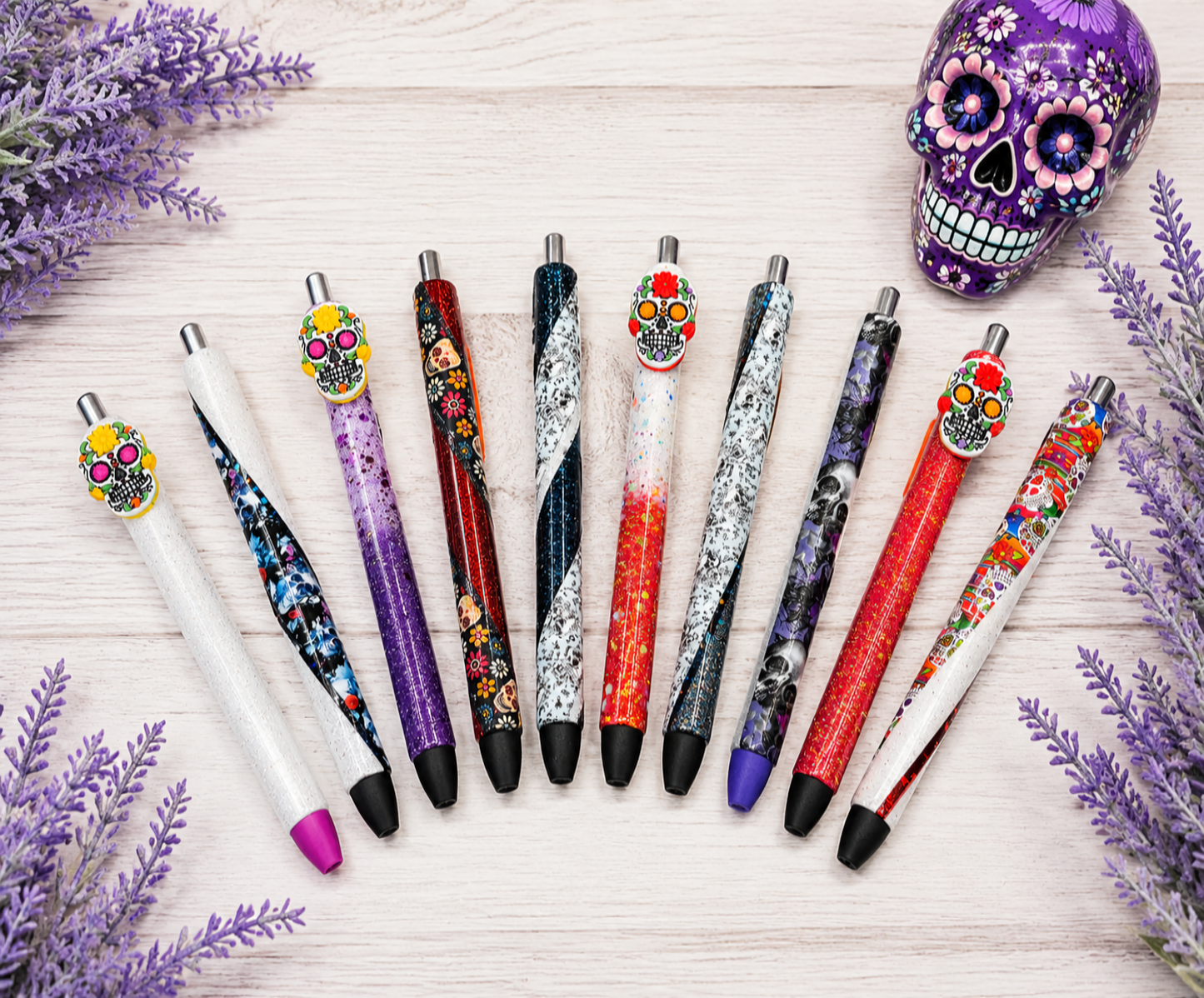 Handmade Orange Sugar Skull glitter pen with free refills