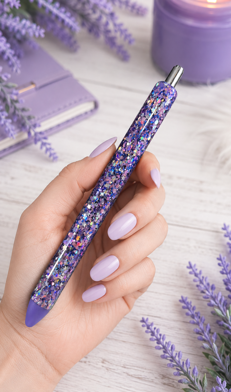 Handmade Purples and Stars chunky glitter pen with free refill