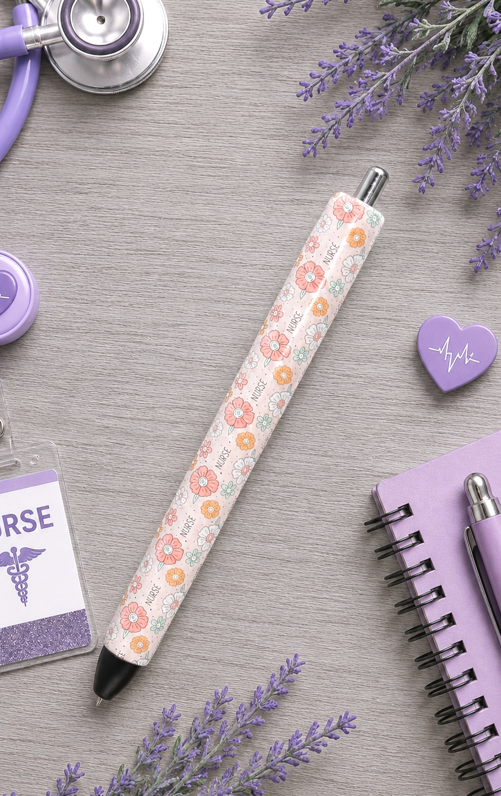 Handmade Nurse vinyl with flowers on dark aqua glitter pen with free refill
