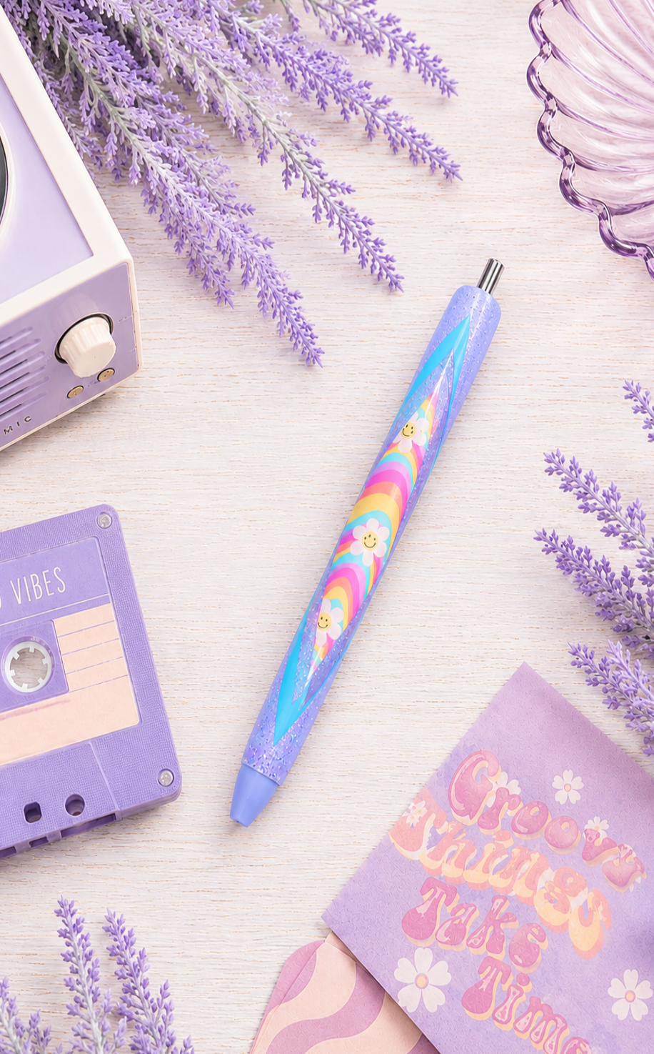 Handmade Retro Smiley Faces on Purple glitter pen with free refill