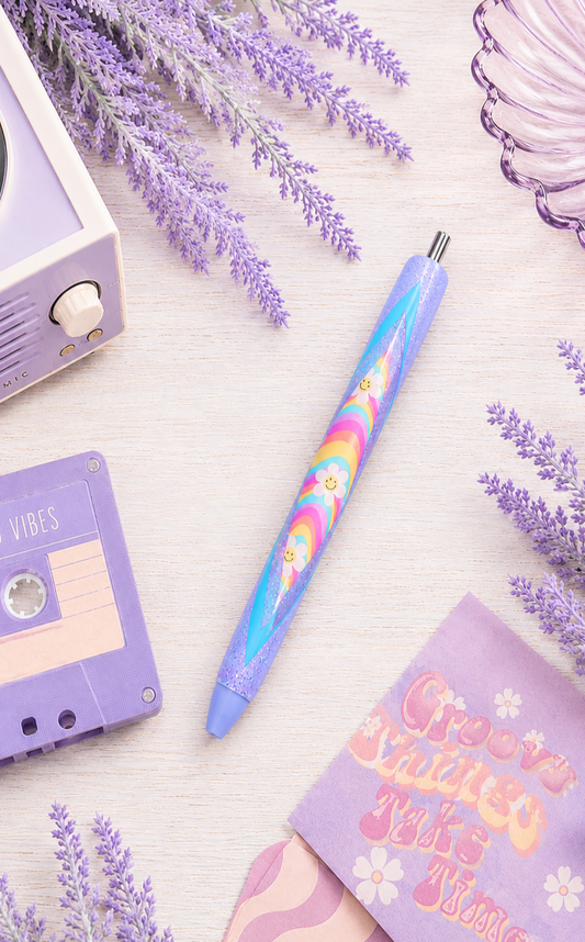 Handmade Retro Smiley Faces on Purple glitter pen with free refill