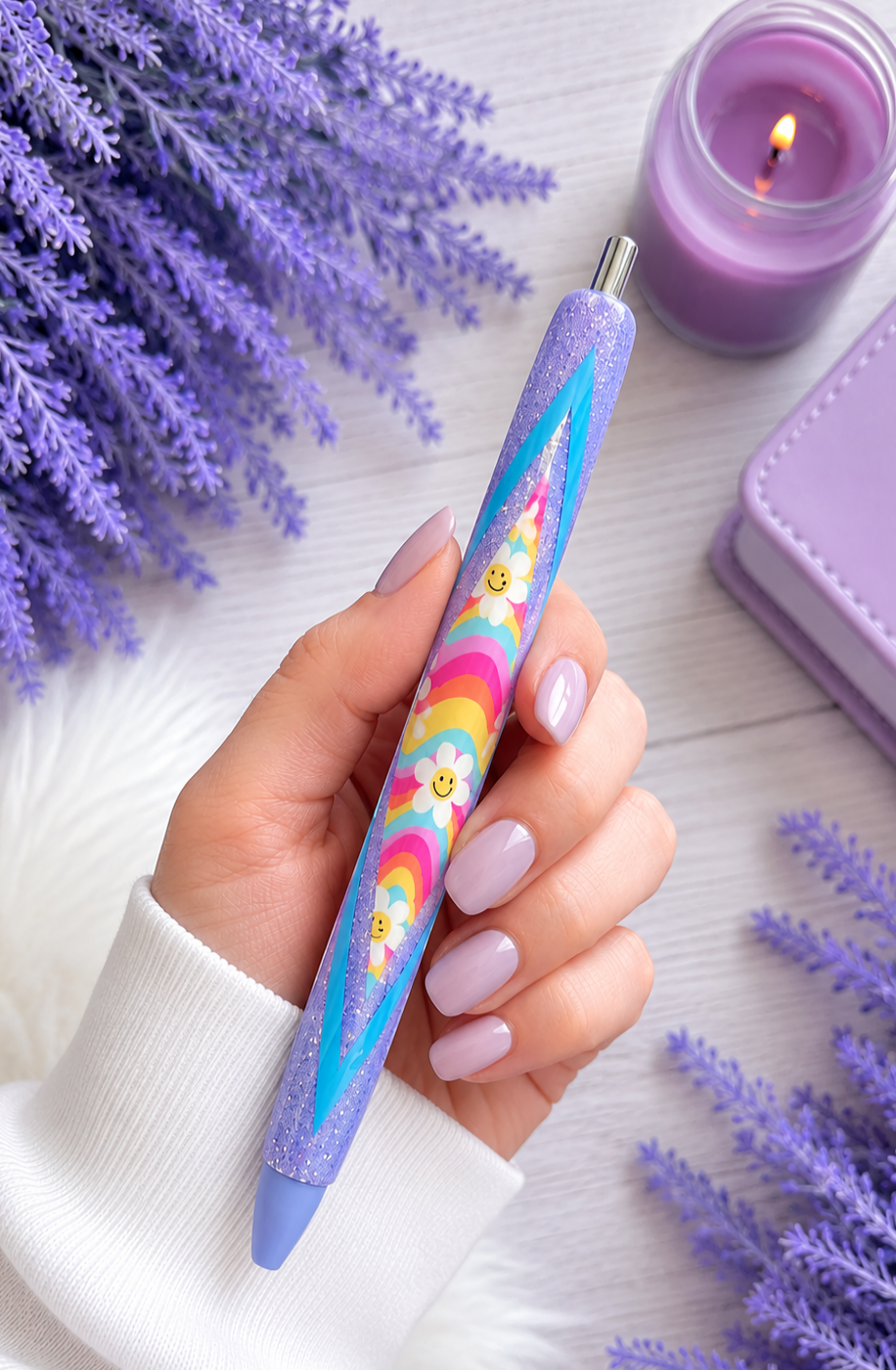 Handmade Retro Smiley Faces on Purple glitter pen with free refill