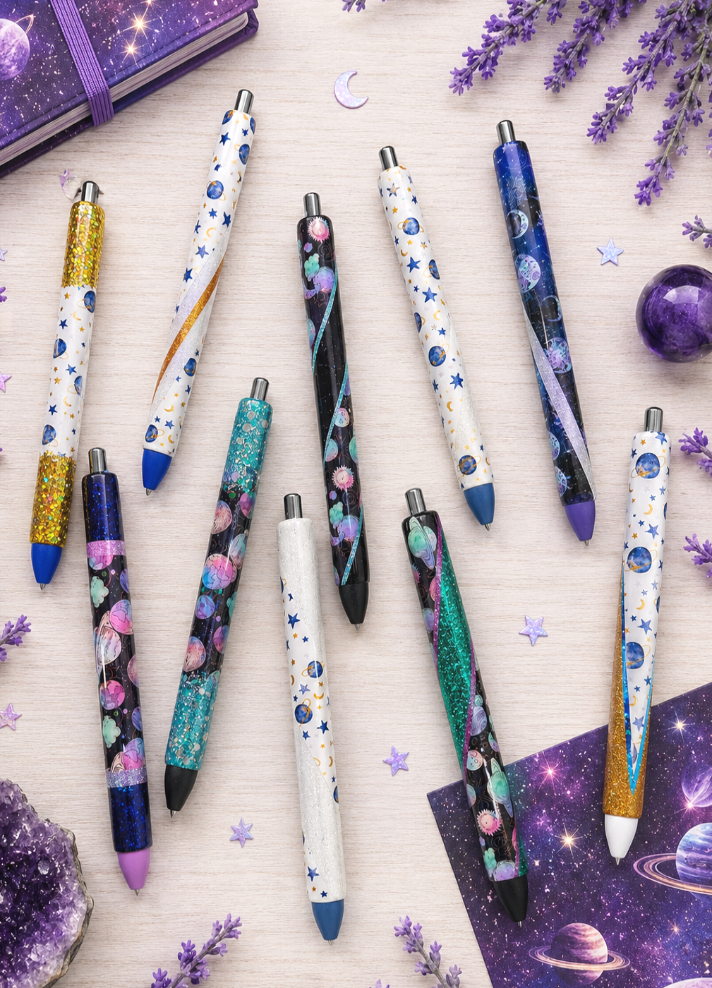 Handmade Planets and Space with blue glitter pen with free refill