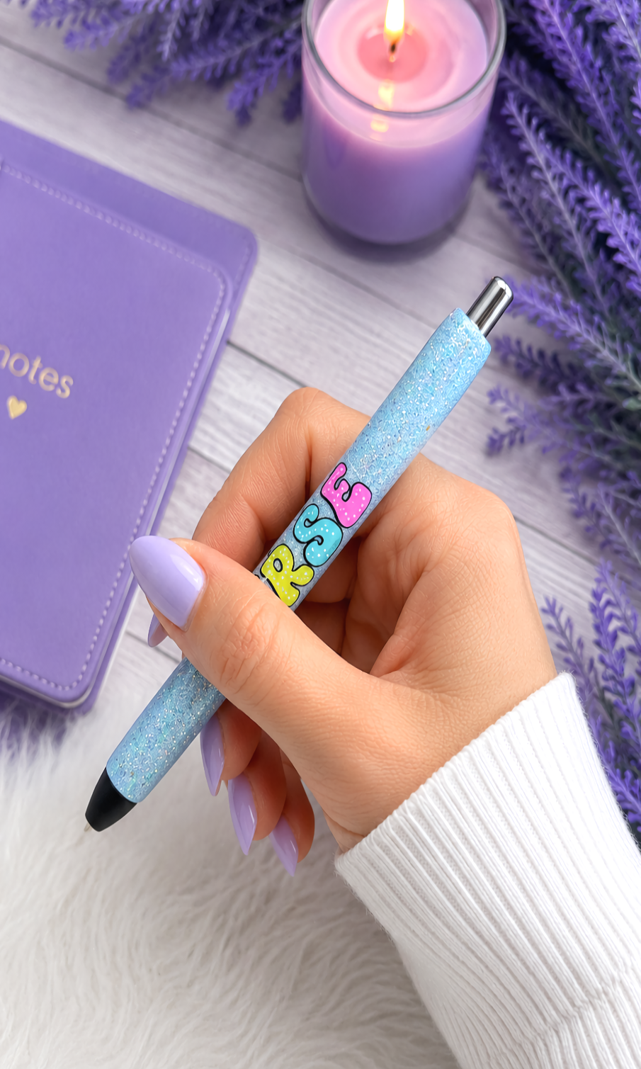 Handmade Nurse on blue glitter pen with free refill