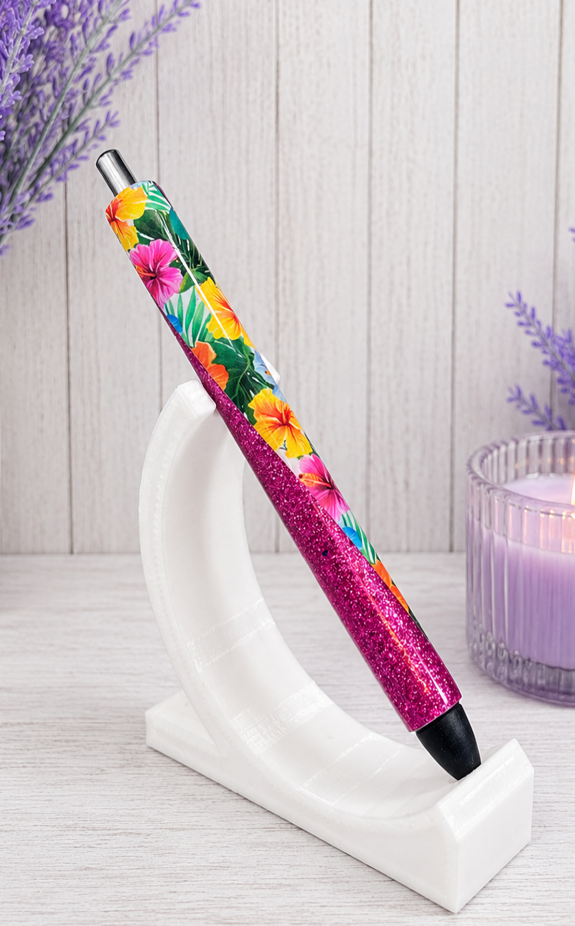 Handmade Hibiscus on dark pink glitter pen with free refill