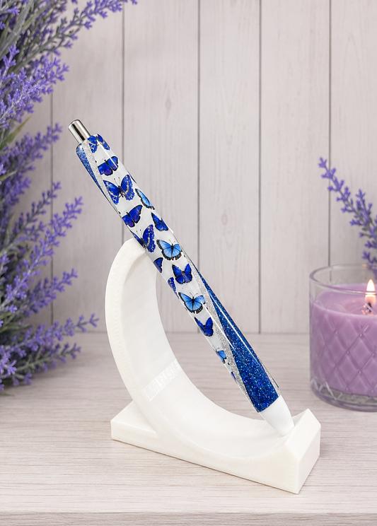 Handmade Blue Butterflies on navy blue glitter pen with free refill
