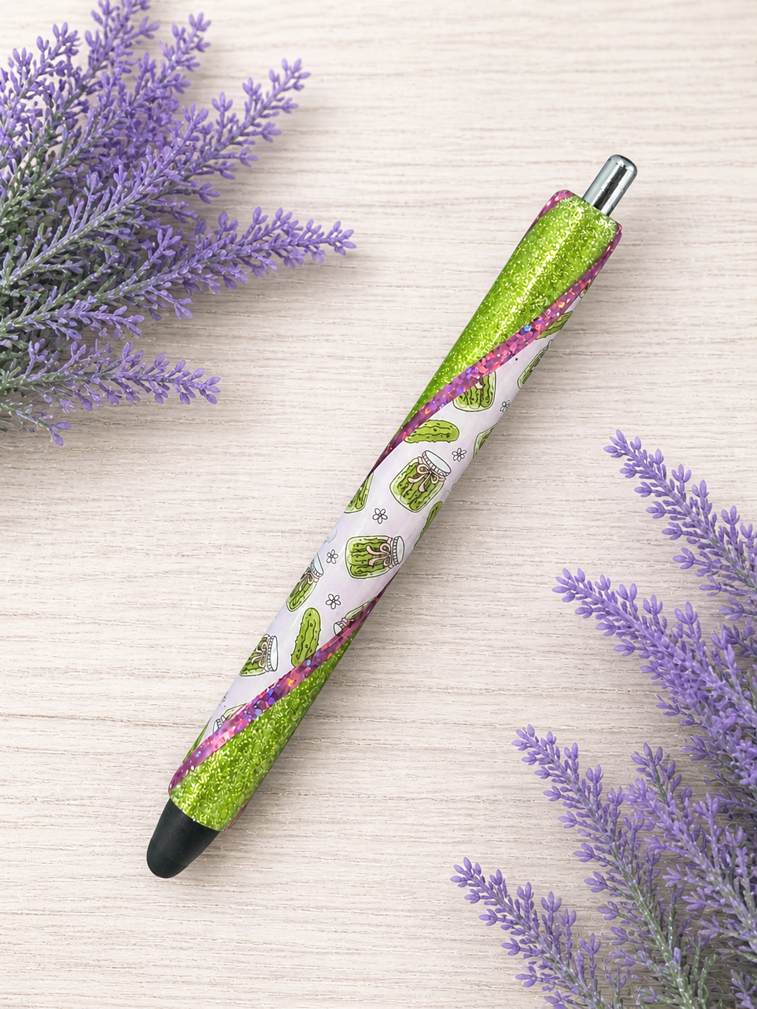 Handmade Pickle Jars on green glitter pen with free refill