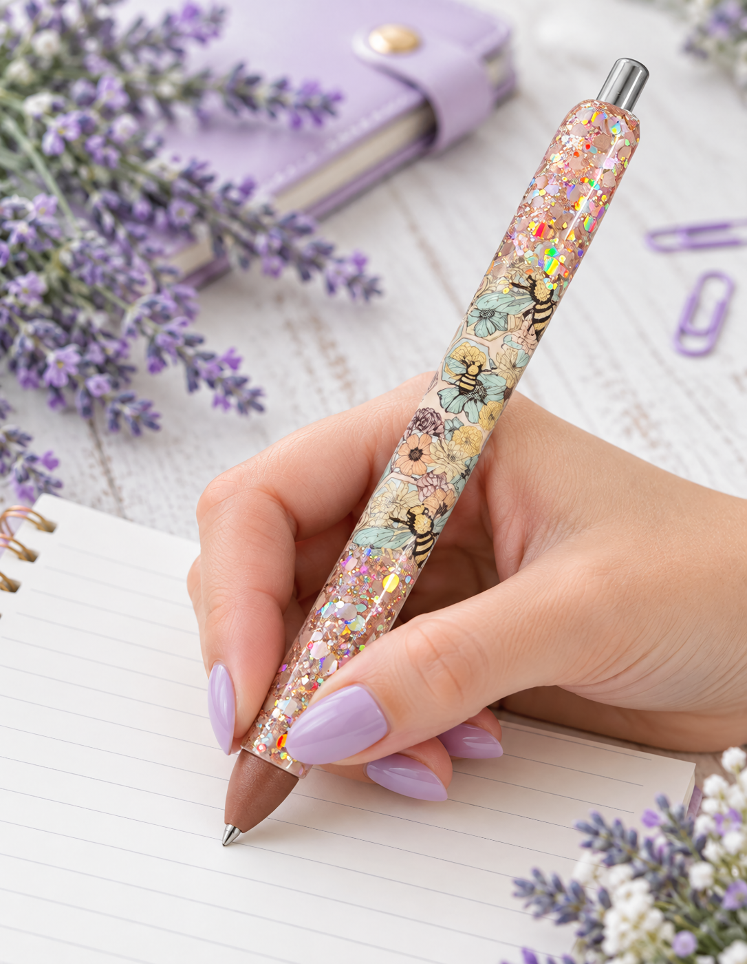 Handmade Peek A Boo Boho Bees on tan glitter pen with free refill