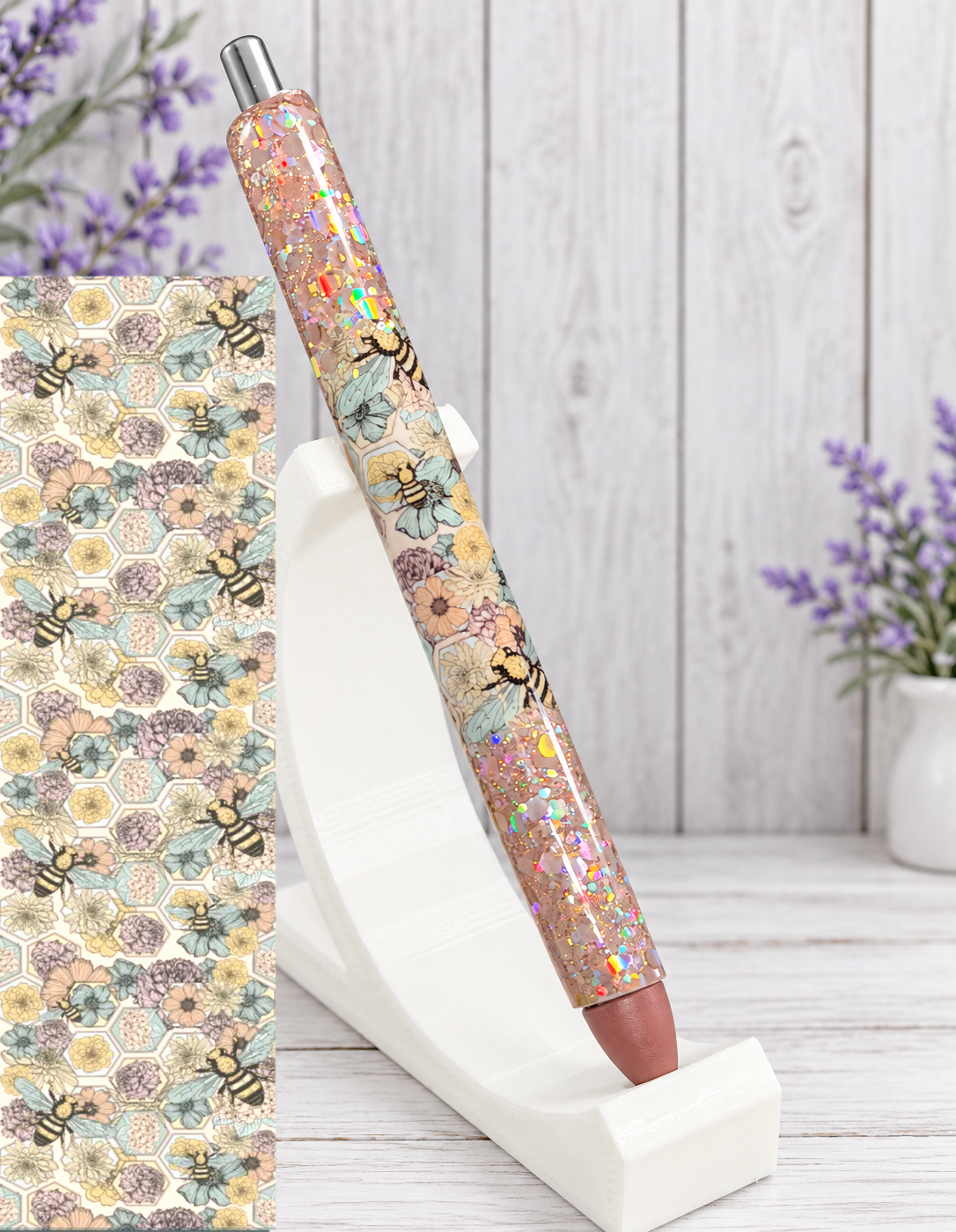 Handmade Peek A Boo Boho Bees on tan glitter pen with free refill
