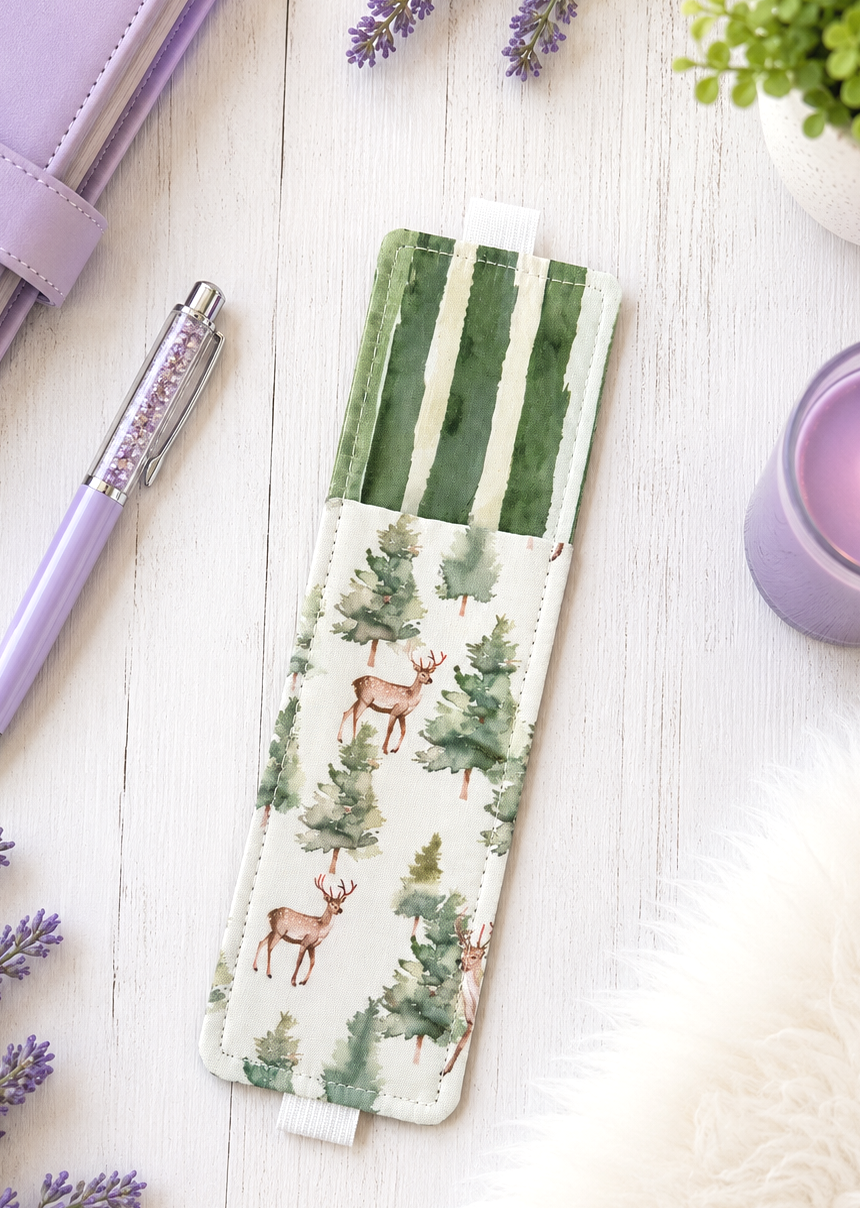 Handsewn Deer and Trees Fabric   Bookmark with Accessory Pocket