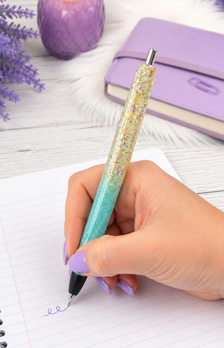 Handmade Mink Green and Gold chunky glitter pen with free refill
