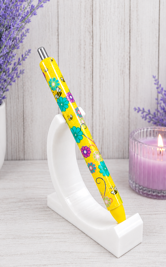 Handmade Flowers and Bees on yellow glitter pen with free refill
