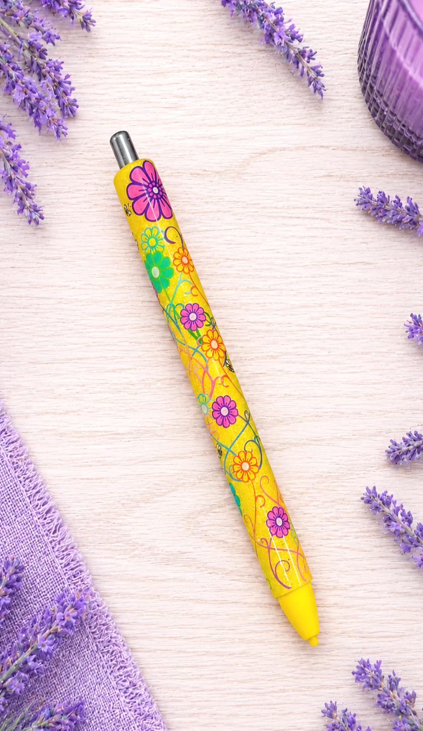 Handmade Flowers and Bees on yellow glitter pen with free refill