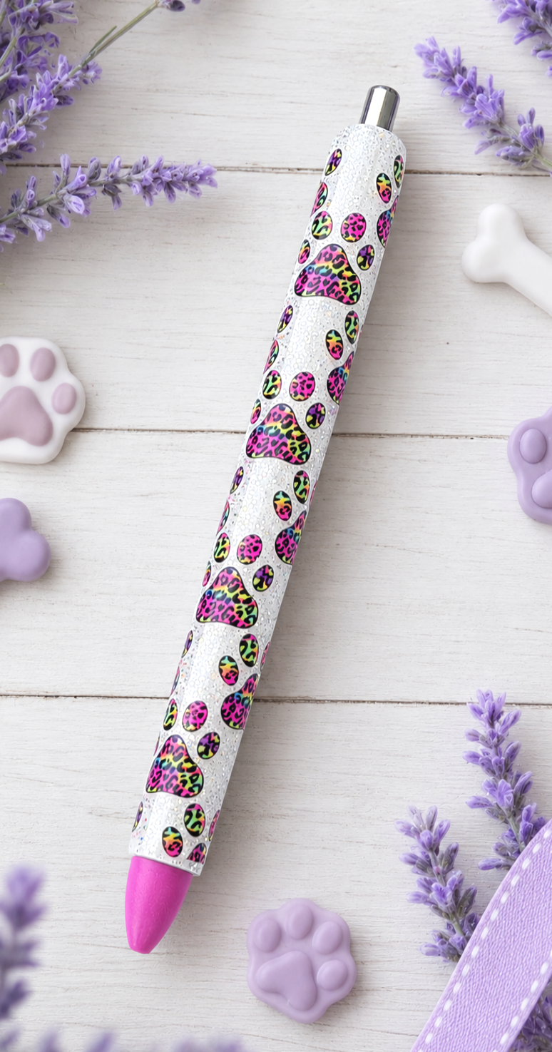 Handmade Rainbow Leopard Dog Paws glitter pen with free refill