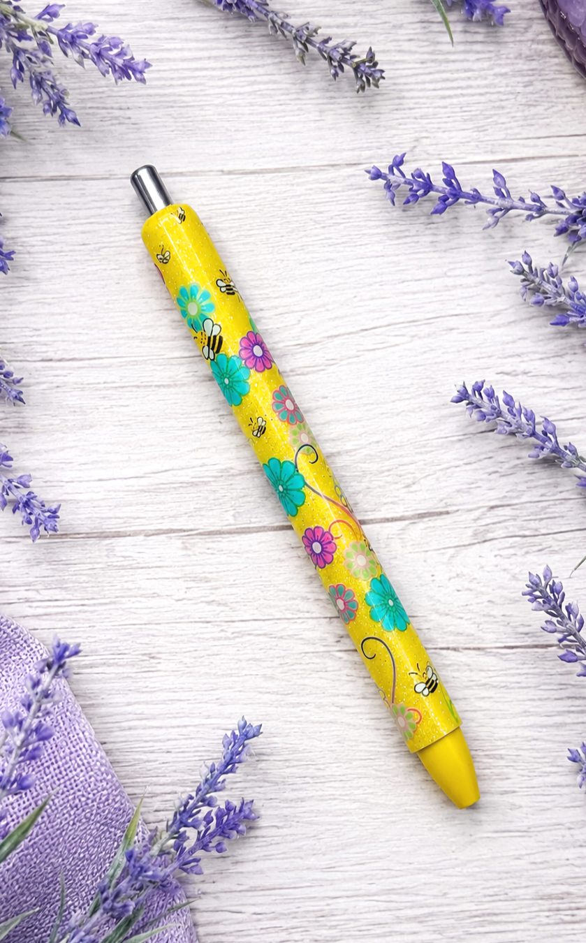 Handmade Flowers and Bees on yellow glitter pen with free refill