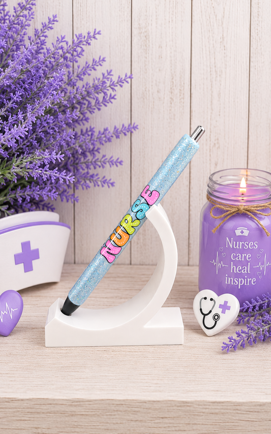 Handmade Nurse on blue glitter pen with free refill