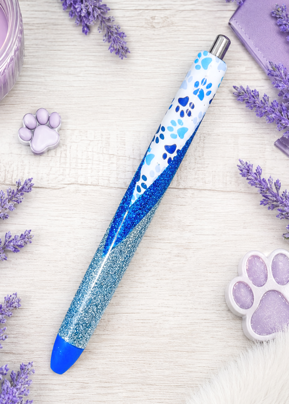 Handmade Blue Dog Paws vinyl wrap glitter pen with free refill