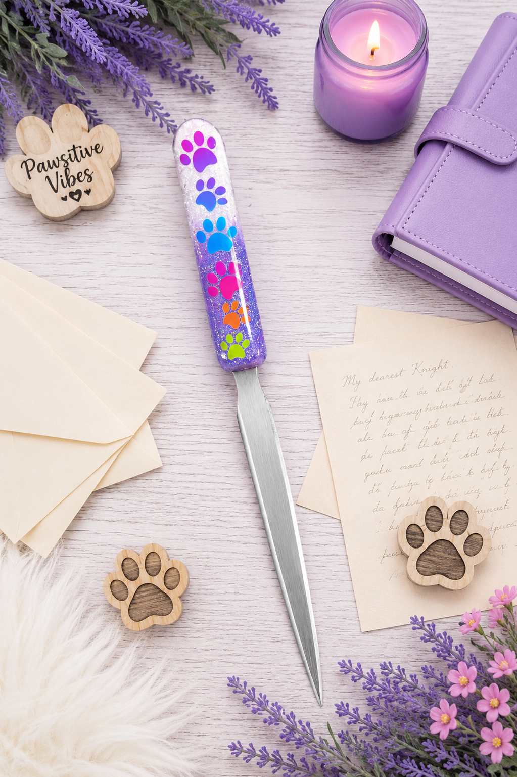 Handmade Rainbow Dog Paws Glittered Letter Opener