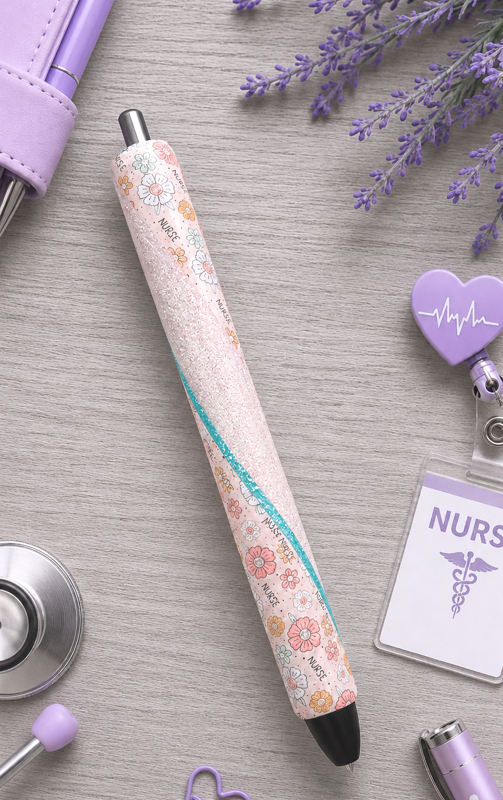 Handmade Nurse vinyl with flowers glitter pen with free refill