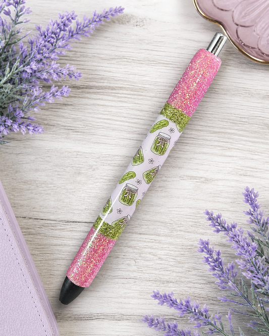 Handmade Pickle Jars Peek a Boo on pink glitter pen with free refill