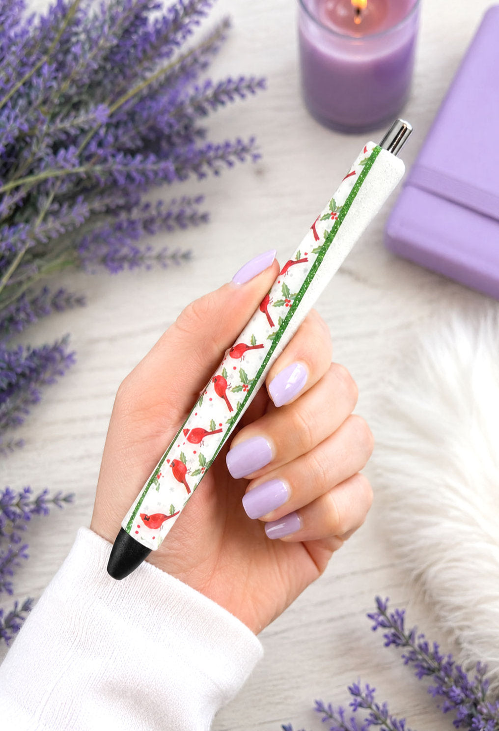 Handmade Winter Cardinals glitter pen with free refill 4