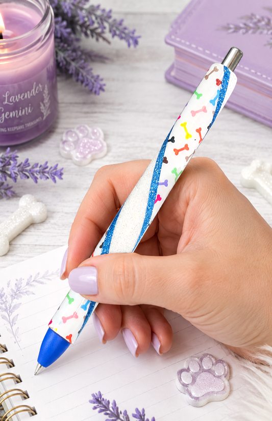 Handmade Multi Colored Dog Bones glitter pen with free refill