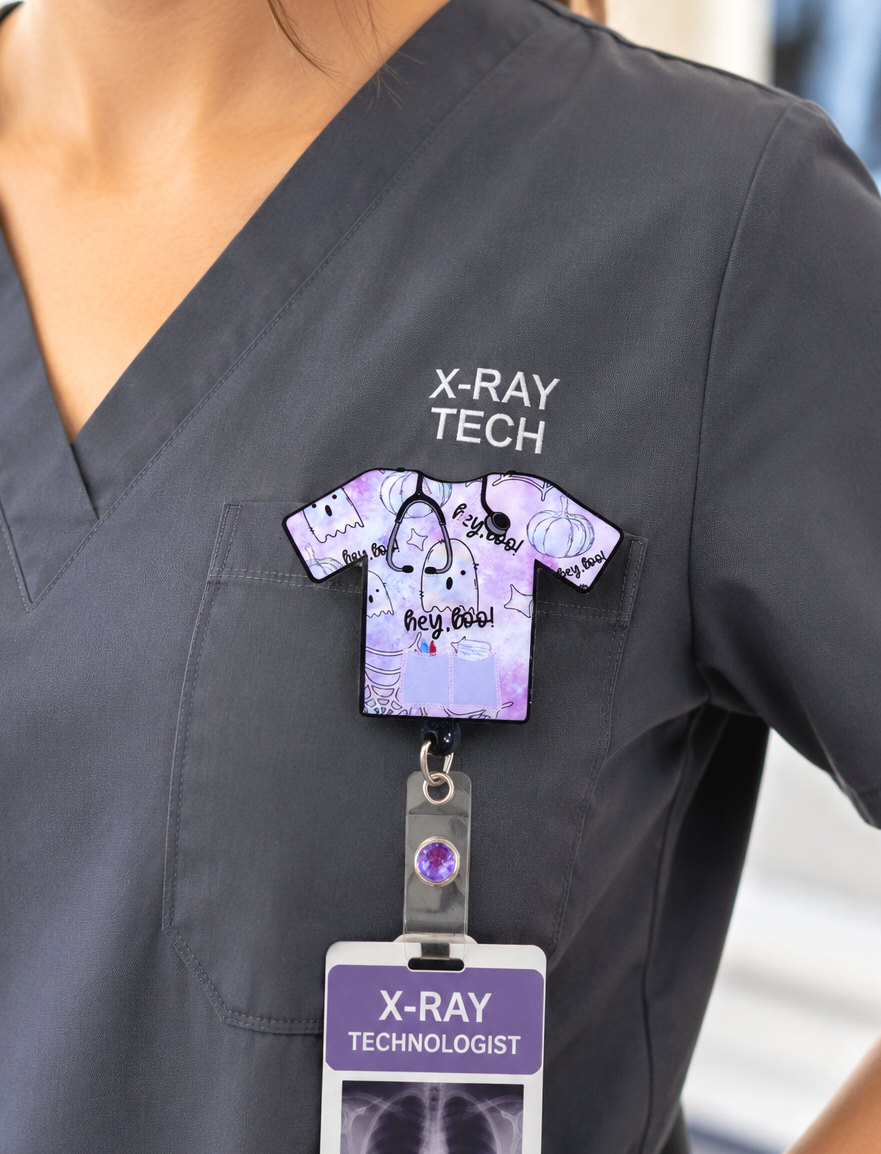 Handmade Pastel Halloween Scrub Top Badge Reel