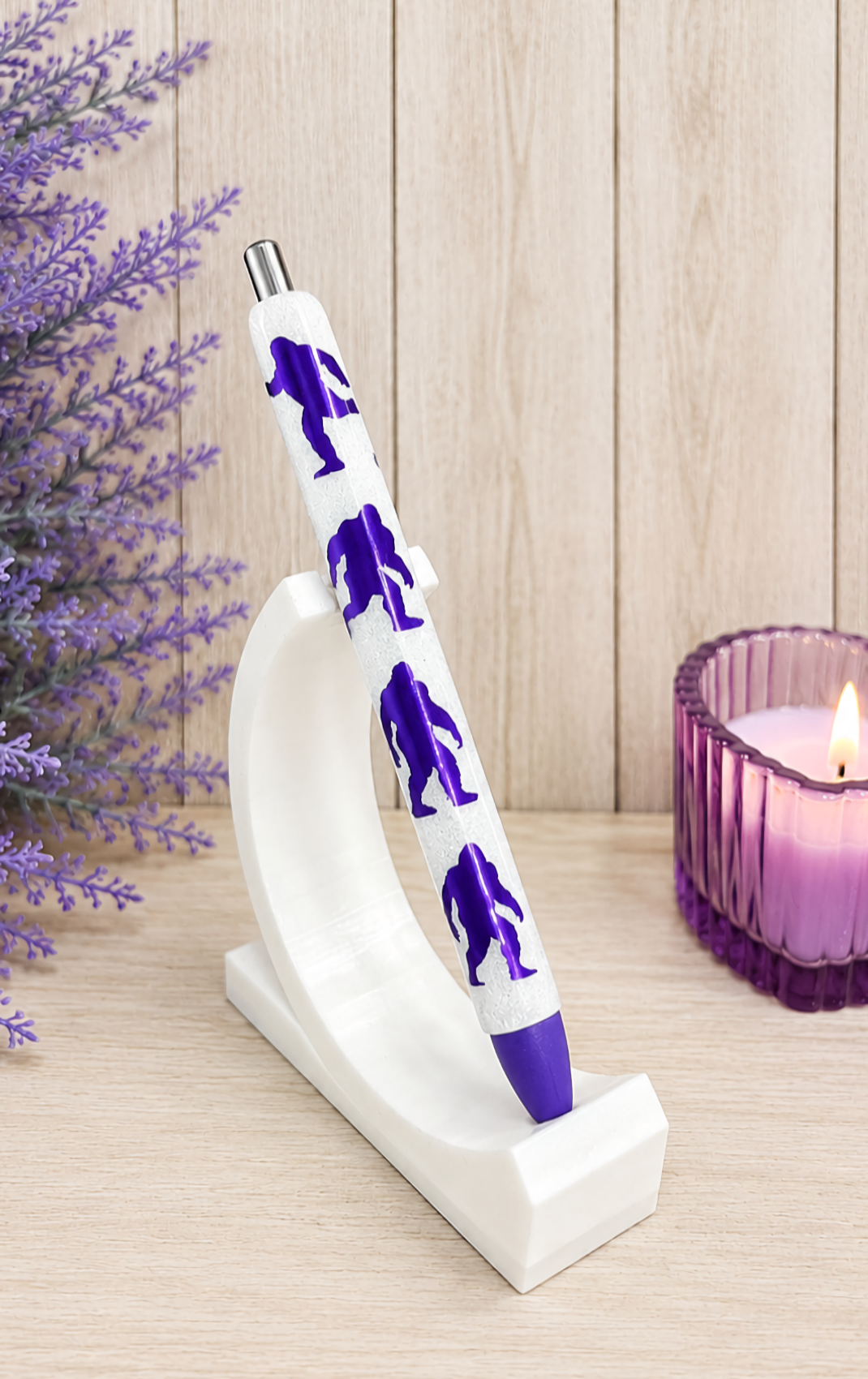 Handmade Purple Bigfoot Sasquatch on white glitter pen with free refill