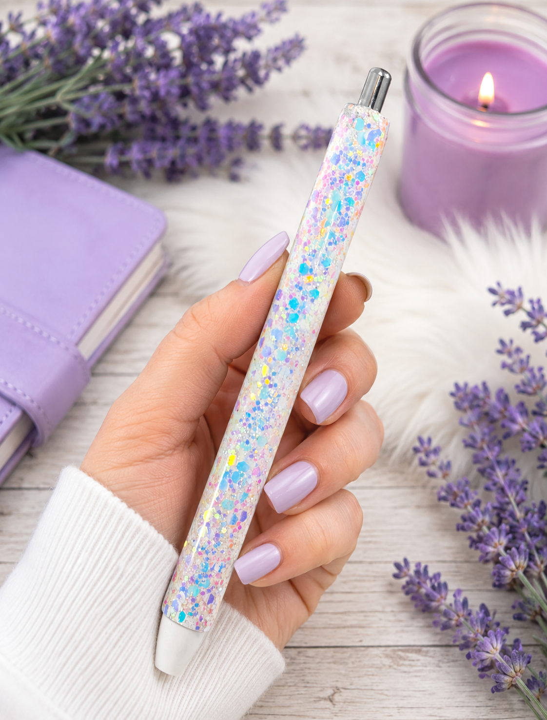 Handmade Holographic Opal White Chunky glitter pen with free refill