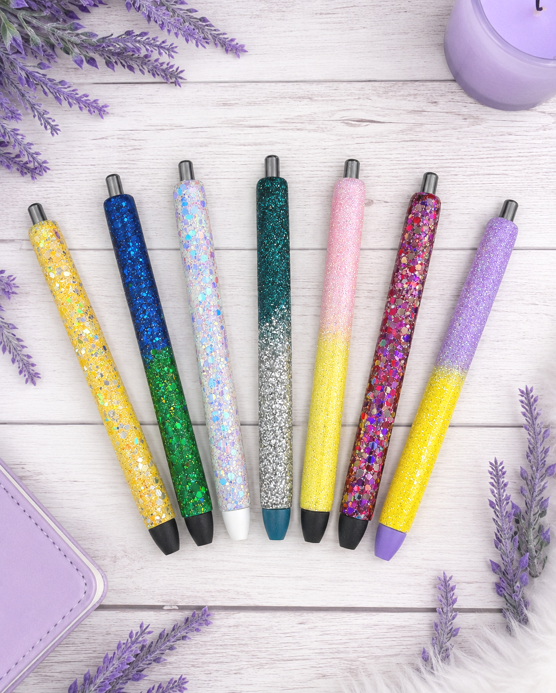 Handmade Yellow and Lavender ombre glitter pen with free refill