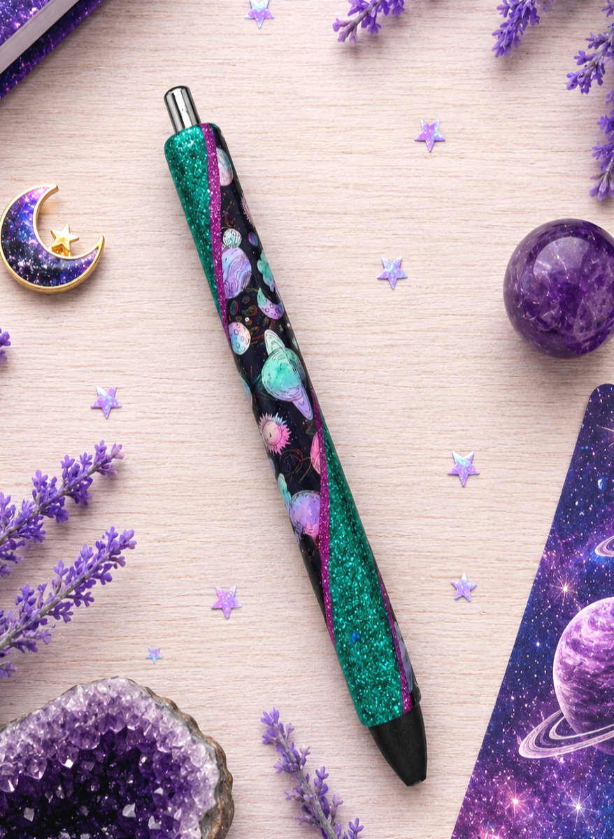 Handmade Galaxy on dark aqua glitter pen with free refill