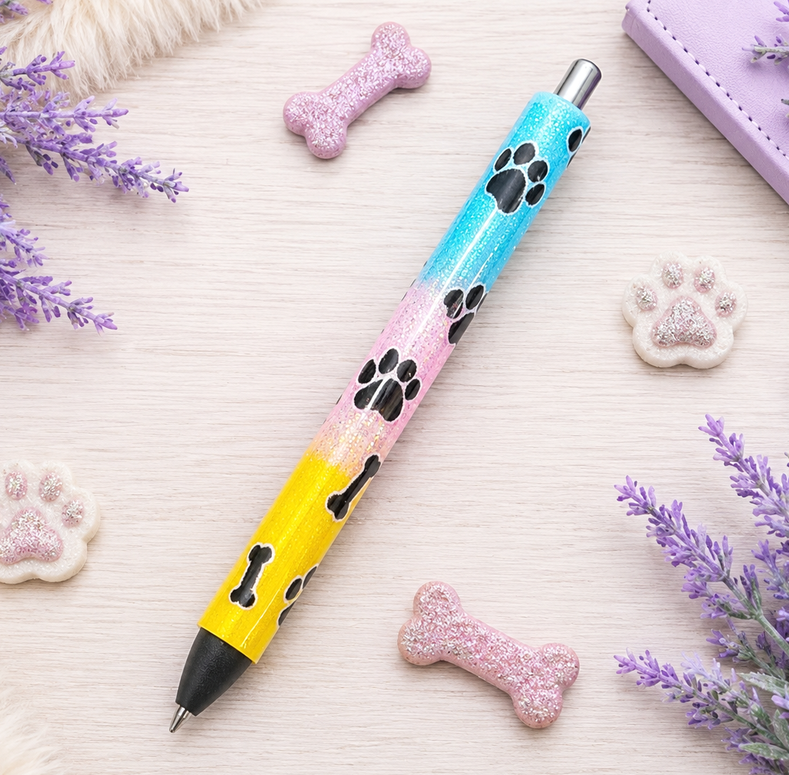 Handmade Dog Paws and Bones on Rainbow glitter pen with free refill