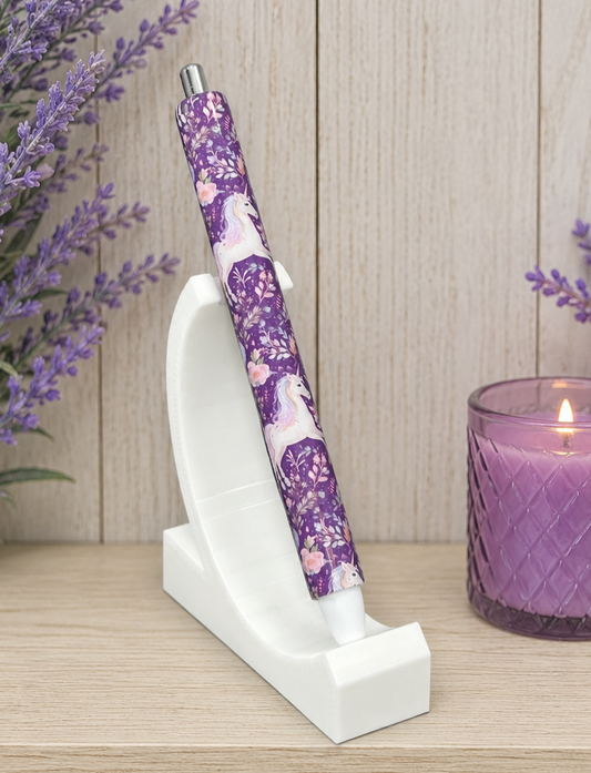 Handmade Majestic Meadows Unicorns on dark purple glitter pen with free refill