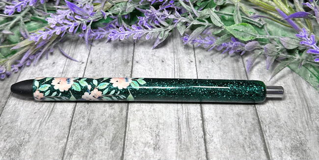 Handmade Flowers on forest green glitter pen with free refill