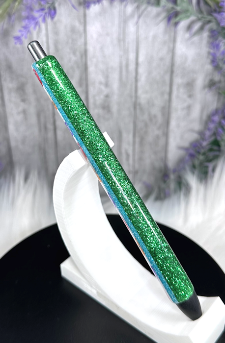 Handmade Colorful Cats on green glitter pen with free refill