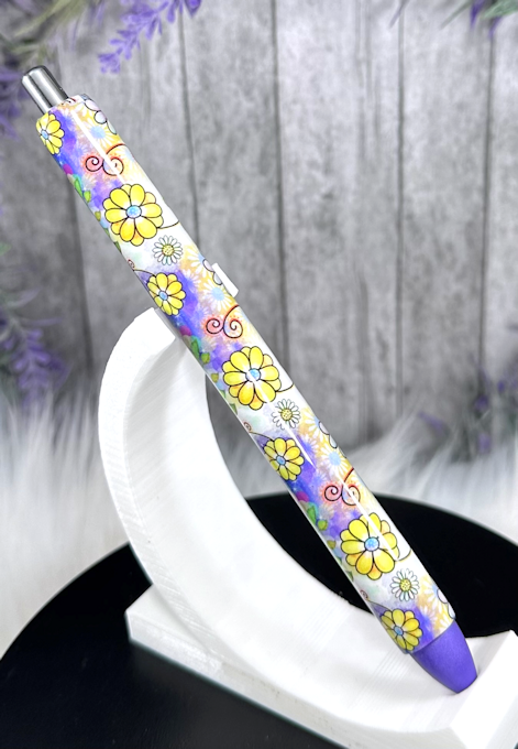 Handmade Retro Flowers on purple glitter pen with free refill