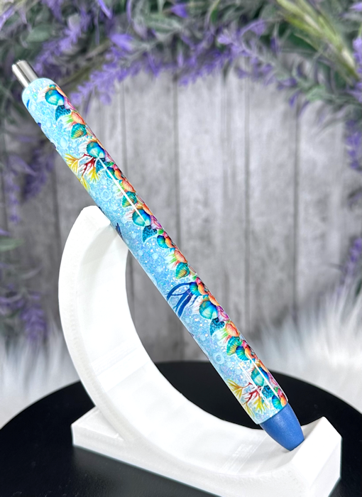 Handmade Sea Life scene on blue glitter pen with free refill