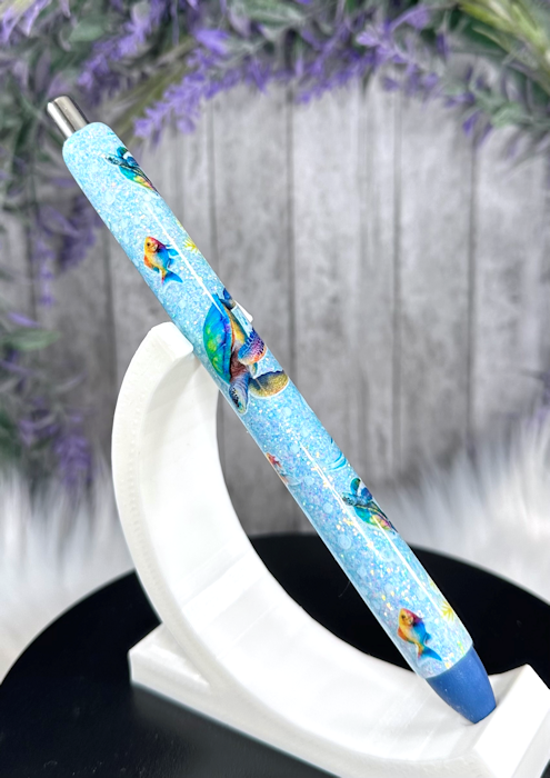Handmade Sea Life scene on blue glitter pen with free refill