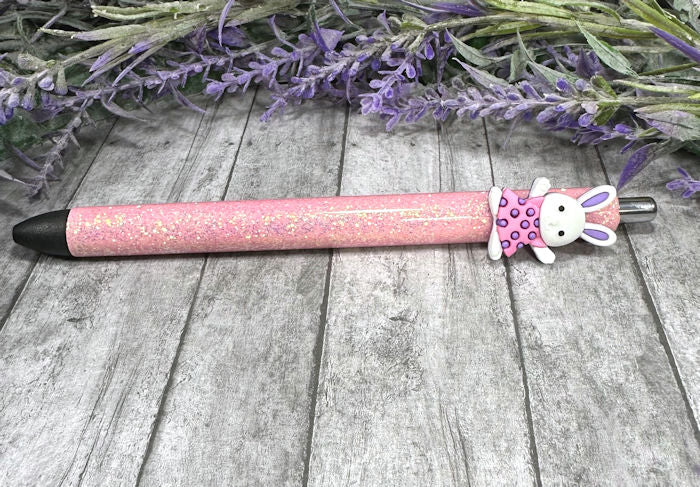 Handmade  Easter Bunny on pink glitter pen with free refill