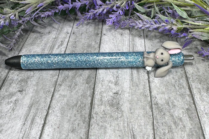 Handmade Easter Bunny on blue glitter pen with free refill