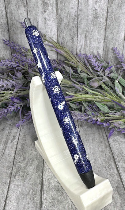 Handmade Blue glitter with White flowers pen with free refill