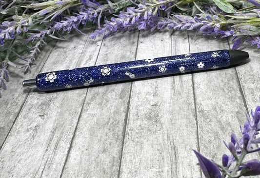 Handmade Blue glitter with White flowers pen with free refill