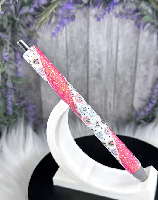 Handmade Boho Rainbows on pink glitter pen with free refill