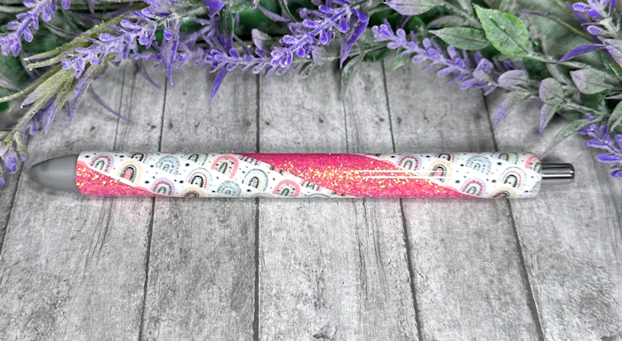 Handmade Boho Rainbows on pink glitter pen with free refill