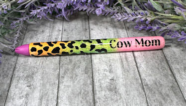 Wrapped Handmade Cow Mom Rainbow glitter pen with free refill